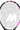 Close-up of a tennis racquet head showing tightly strung black and white strings with pink and black frame accents.