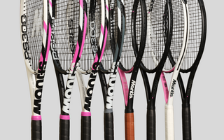 Tennis rackets lined up showcasing different specifications and designs.