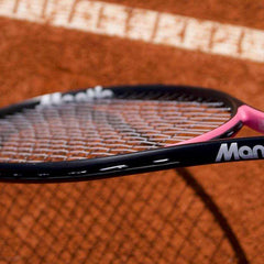 Close-up of a Mantis tennis racquet with focus on the strings designed for enhancing spin on a clay court