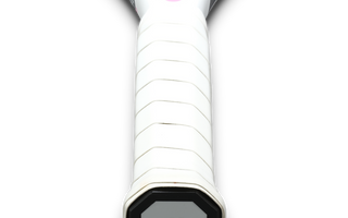Close-up of a white tennis racket handle with a wrapped grip showing measuring tennis grip size for perfect fit guidance.