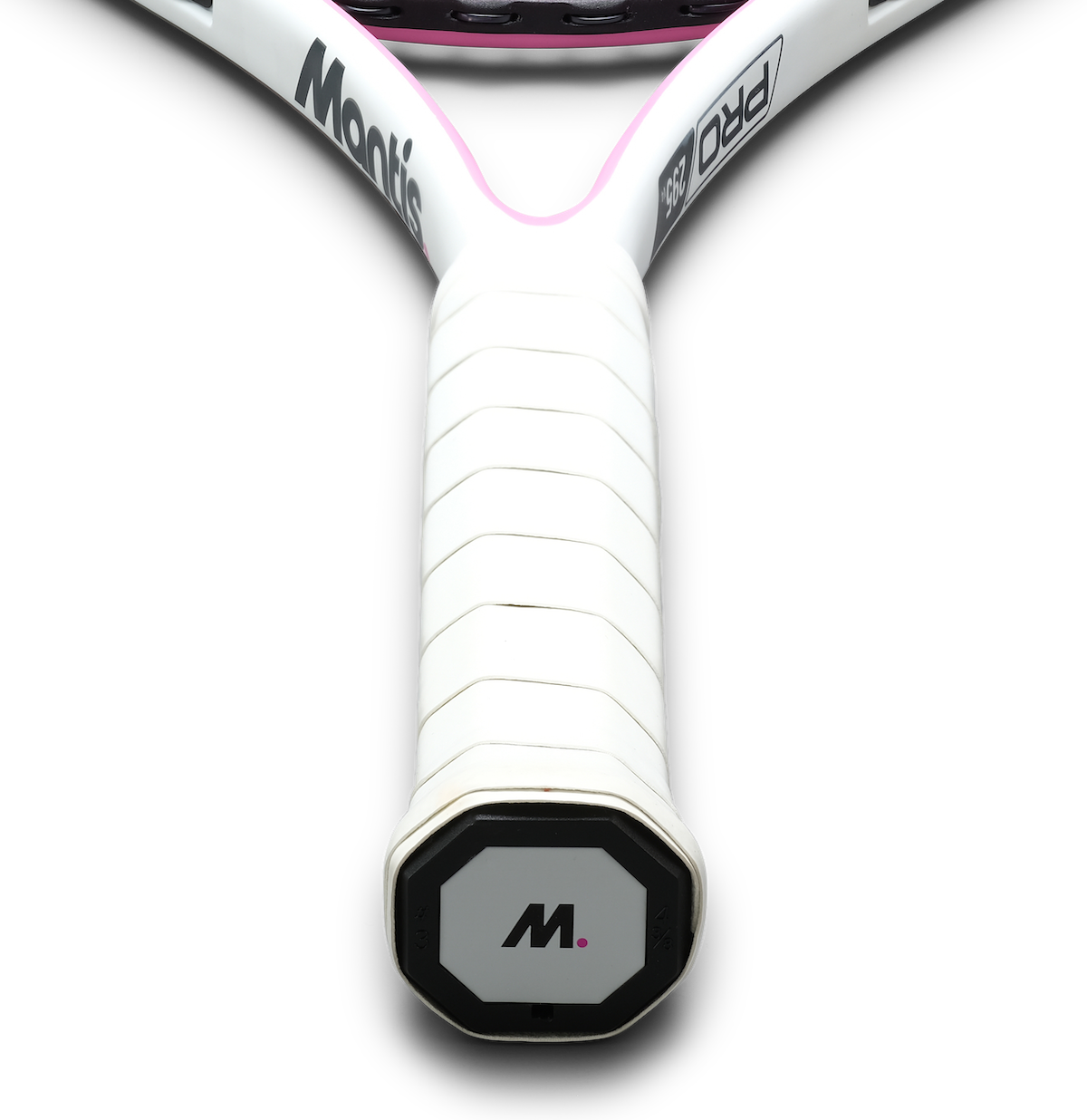 Close-up of a white Mantis tennis racket handle with a wrapped grip, illustrating measuring tennis grip size for a perfect fit