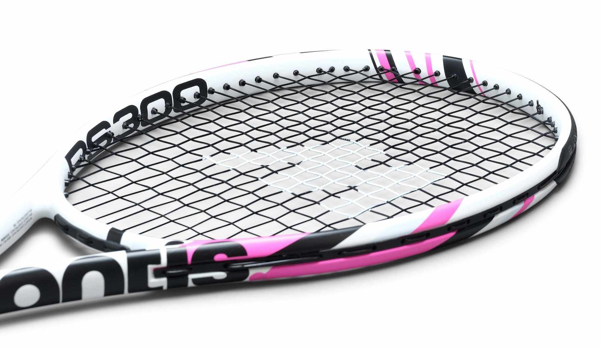 Close-up of a Mantis tennis racket head featuring tightly strung black tennis racket strings.