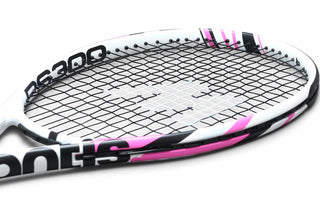 Close-up of a Mantis RS 300 tennis racket head featuring black strings and a white frame with pink and black accents.