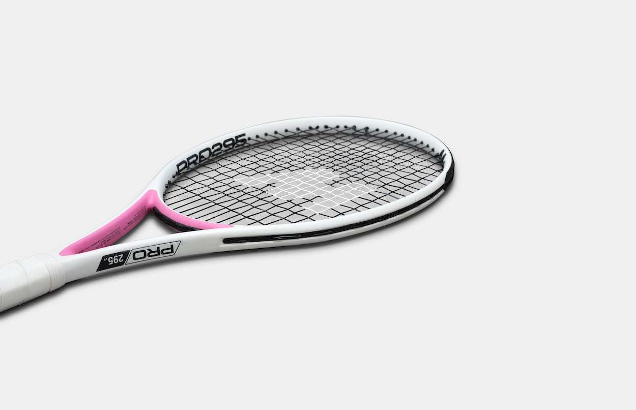 white and pink tennis racket with black strings designed for precision and control on court