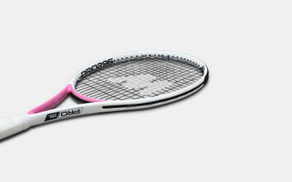 white and pink tennis racket with black strings designed for precision and control on court