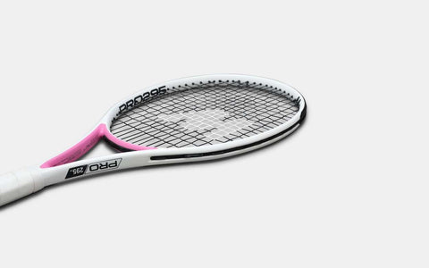 White and pink tennis racket for precision control with tight string pattern and ergonomic grip