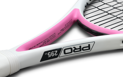 Junior tennis racket close-up showing white and pink PRO 295 V4 model design