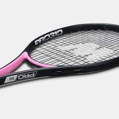 Black and pink tennis racket with brown grip and tightly woven strings suitable for use with a tennis racket dampener.