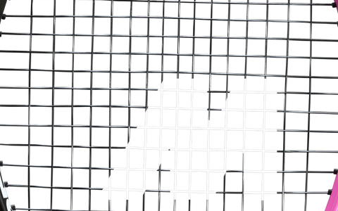 Close-up of black and pink tennis racquet head showing detailed string pattern for tennis string guide