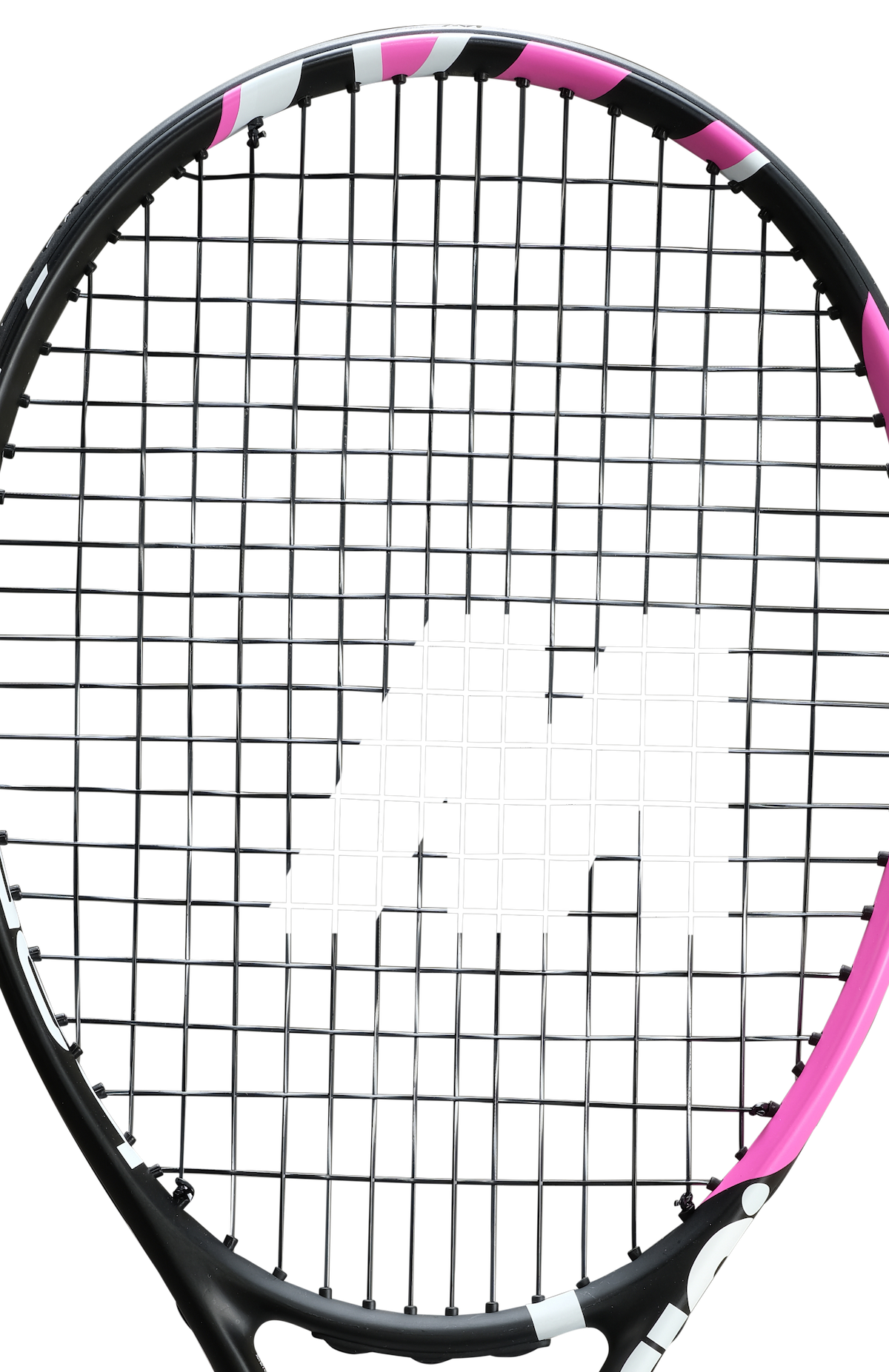 Close-up of a tennis racquet head showing tightly strung black and white strings with pink and black frame accents.