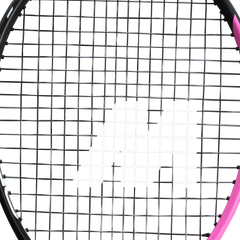 Close-up of a tennis racquet head showing tightly strung black and white strings with pink and black frame accents.