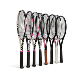 Set of high-performance carbon fibre tennis rackets with varied designs and grips for all playing styles