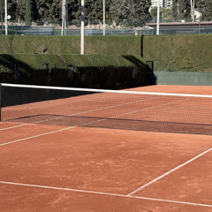 Empty clay tennis court with net and surrounding greenery under daylight for expert tennis instruction guide