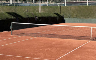 Empty clay tennis court with net and surrounding greenery under daylight for expert tennis instruction guide