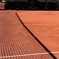 professional tennis coaching on an outdoor clay tennis court with net and shadows