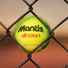 Mantis all court tennis ball stuck in chain-link fence close-up showing bright yellow felt and logo detailing