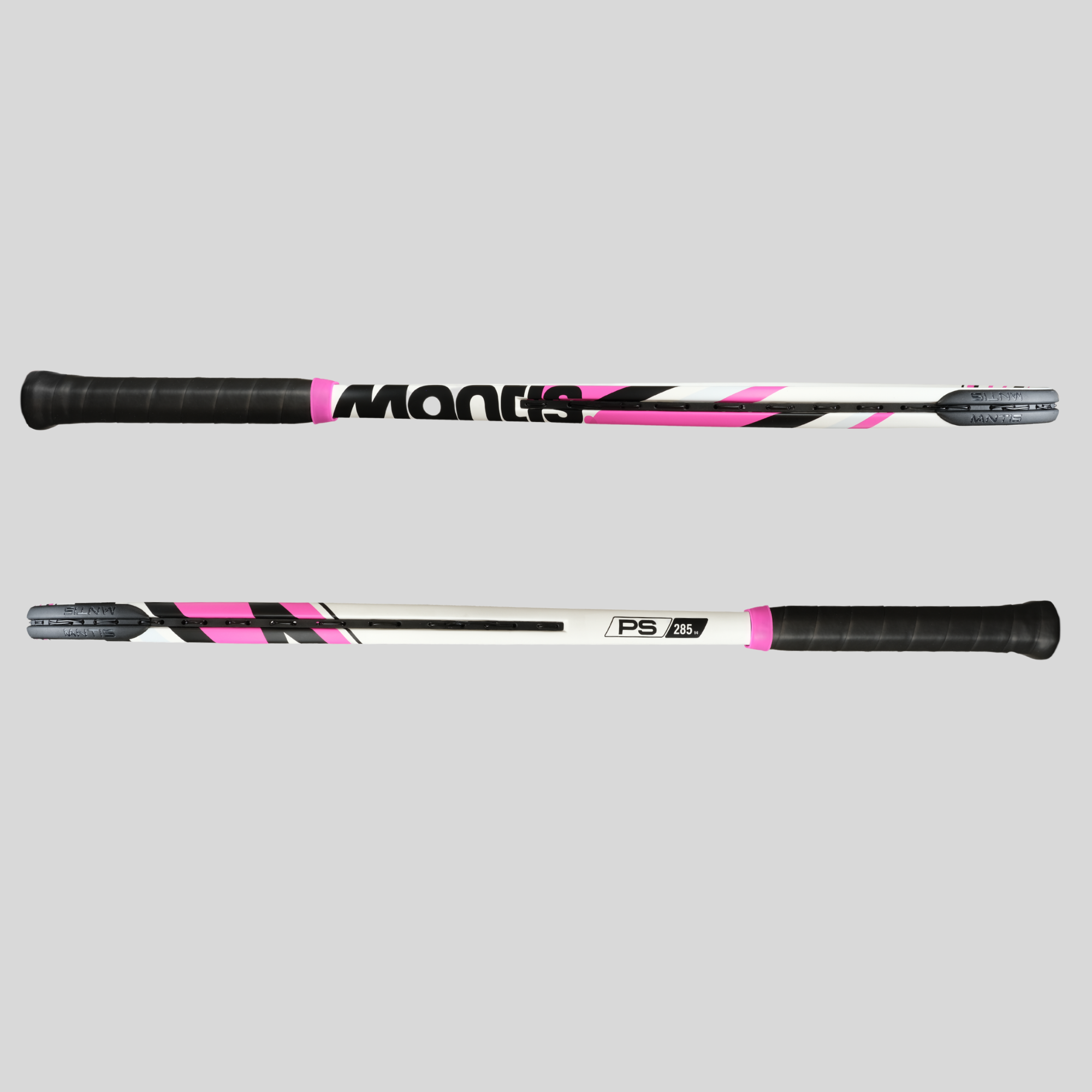 Top and side view of a modern Mantis tennis racket with a black grip and white frame accented with pink and black stripes.