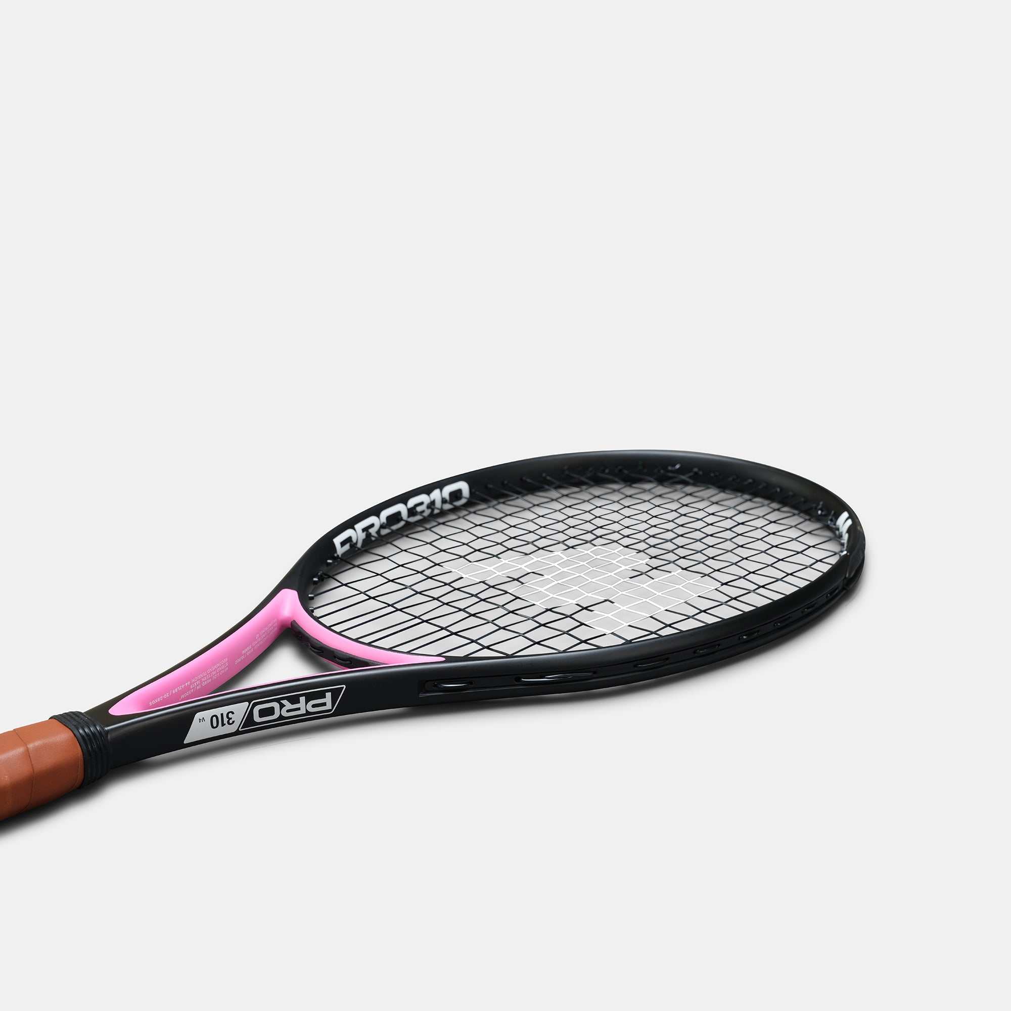 Mantis tennis racket Pro 310 with black and pink frame and brown grip on white background