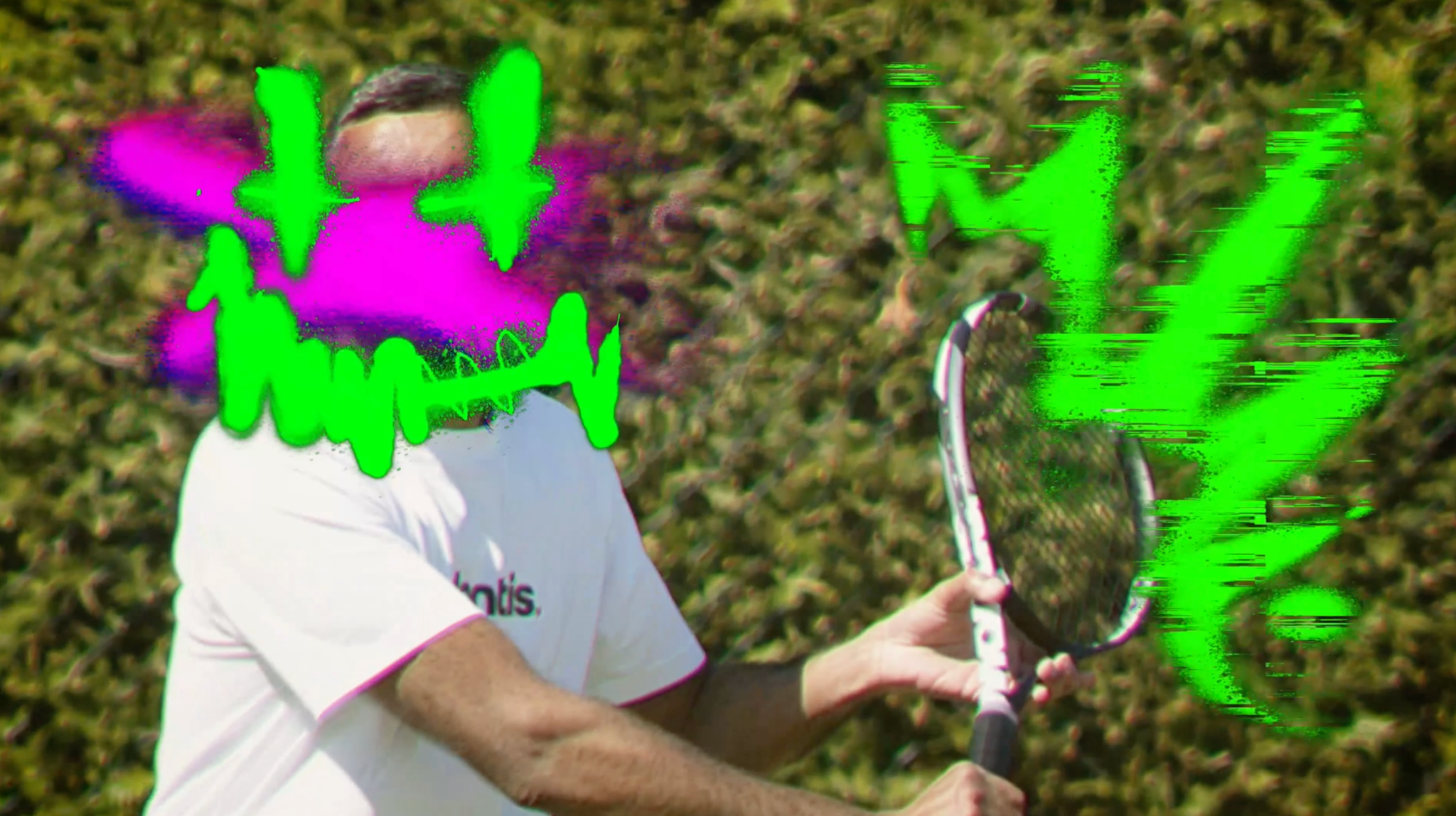 Tennis player holding Mantis racket with green digital glitch effect on face and background.