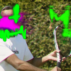 Tennis player holding Mantis racket with green digital glitch effect on face and background.