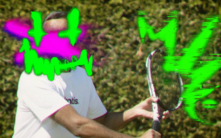 Man wearing Mantis branded white shirt holding tennis racket on court with green and purple glitch effect over face and racket.