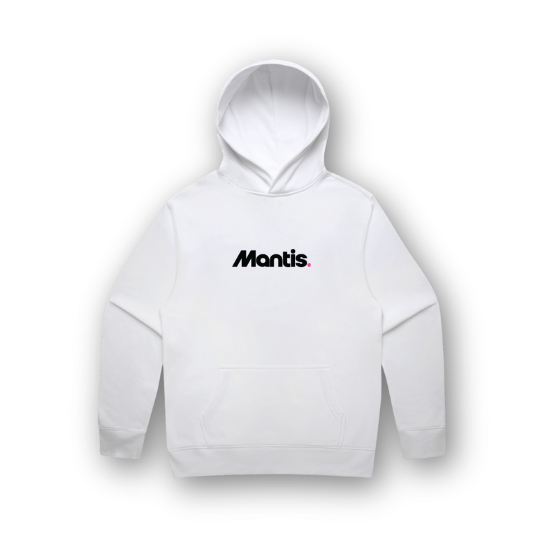 White Mantis Logo Hoodie for men with relaxed fit, breathable fleece, and kangaroo pocket