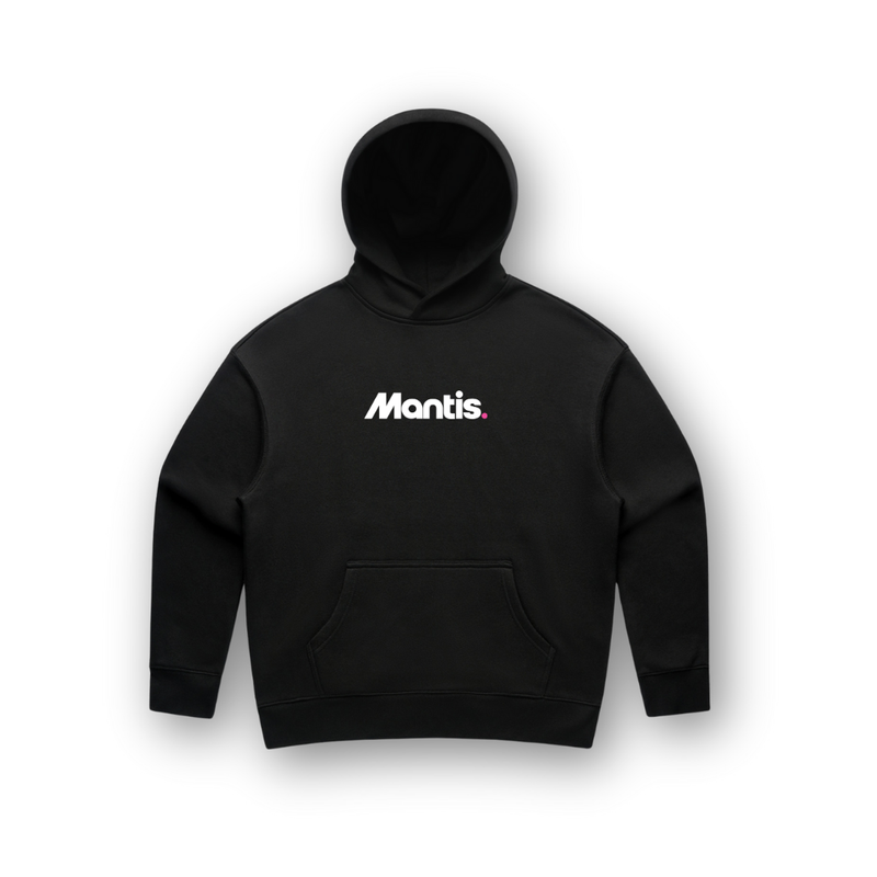 Black women's Mantis Logo Hoodie with breathable fleece and athletic fit for active comfort