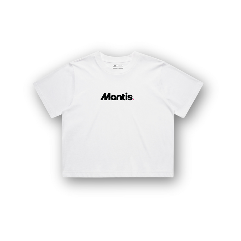White Mantis Logo Crop T-shirt made of heavyweight cotton, designed for athletic fit and durability during tennis play
