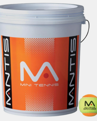 Mantis Orange Tennis Balls bucket and ball, ideal for training and coaching juniors, featuring low compression and two-tone color for spin visibility.