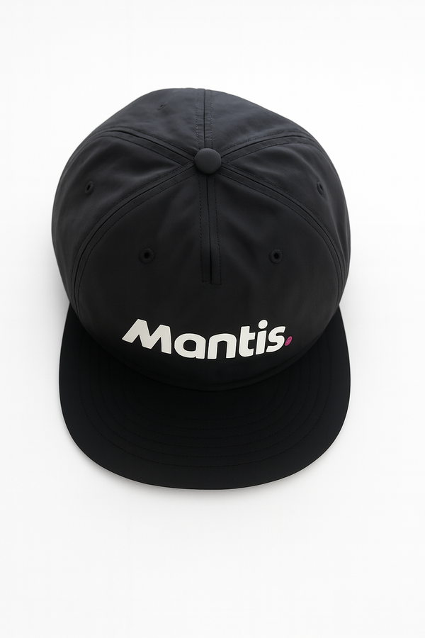 Black Mantis Snapback Cap with lightweight, quick-dry nylon fabric and adjustable closure for comfortable, versatile athletic wear