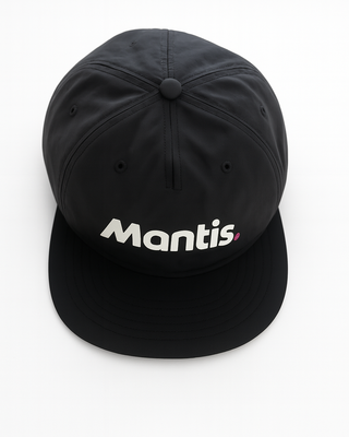 Black Mantis Snapback Cap with lightweight, quick-dry nylon fabric and adjustable closure for comfortable, versatile athletic wear