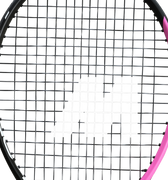 Tennis racket with upgraded black and pink strings focusing on string upgrade.