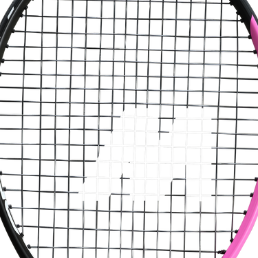 Tennis racket with upgraded black and pink strings focusing on string upgrade.