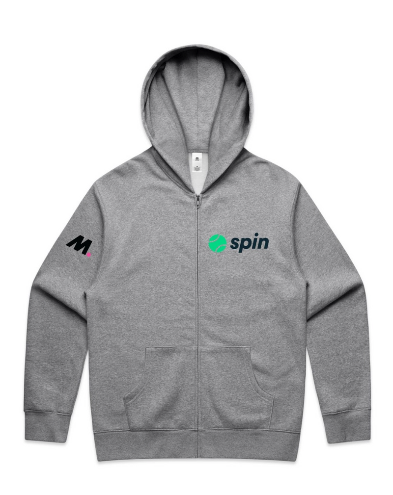 Men's grey Spin Zip Hoodie with full zip and hood, mid-weight fleece, designed for tennis and casual wear