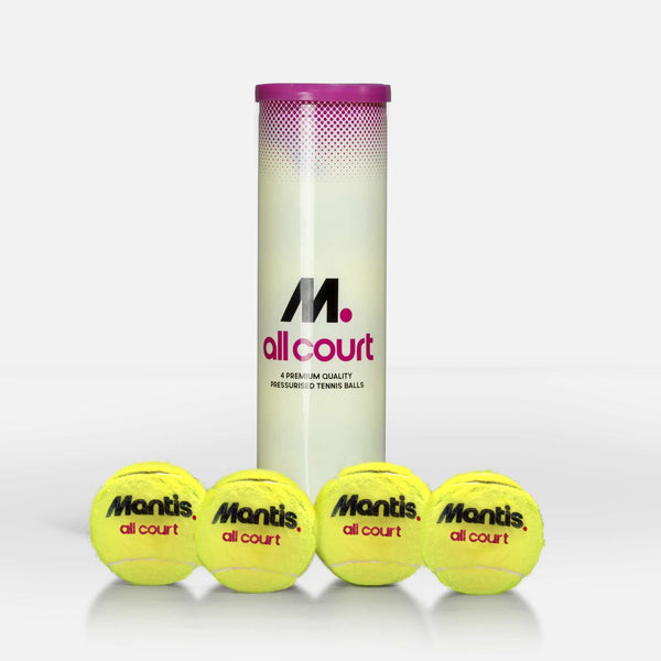 Mantis All Court 4 ball tube with premium quality tennis balls on display.