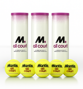 Mantis All Court 12 premium quality pressurised tennis balls with three white and purple tubes and five yellow balls in front