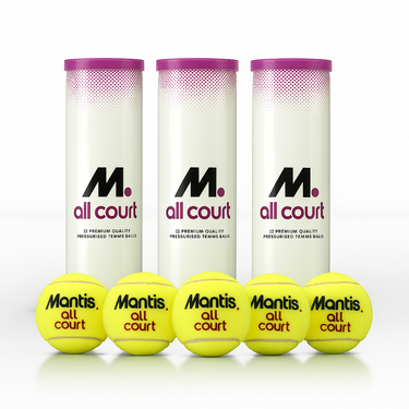 Mantis All Court 12 premium quality pressurised tennis balls with three white and purple tubes and five yellow balls in front