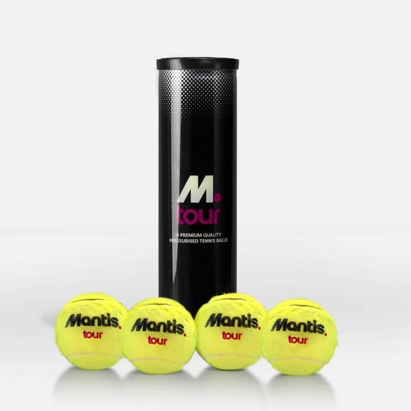 Mantis Tour 4-ball tube with pressurized tennis balls on white background.