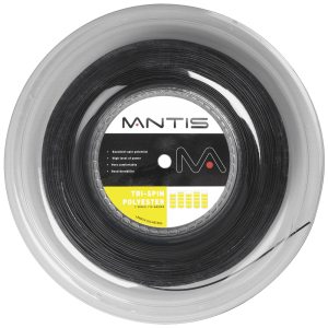 MANTIS Tri-Spin Polyester String Reel, 200m black, enhances spin and control.
